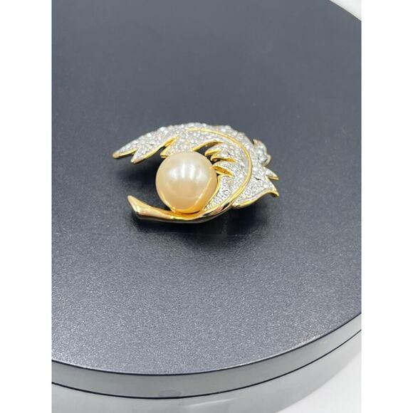 Vintage Mid Century 1950 Silver Tone Crean Faux Pearl Pave Gold Tone Leaf Brooch - Picture 5 of 9